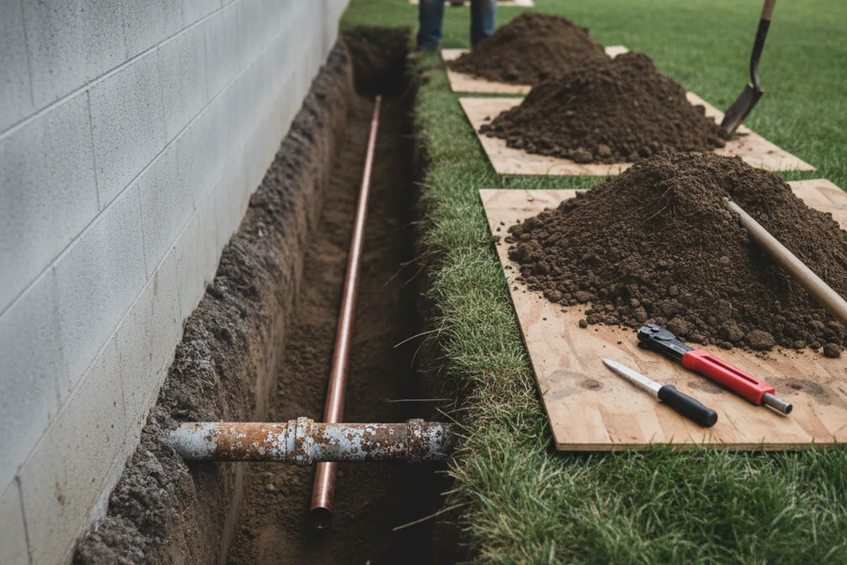 Excavated water line trench during Water Softener Installation in Silverwood